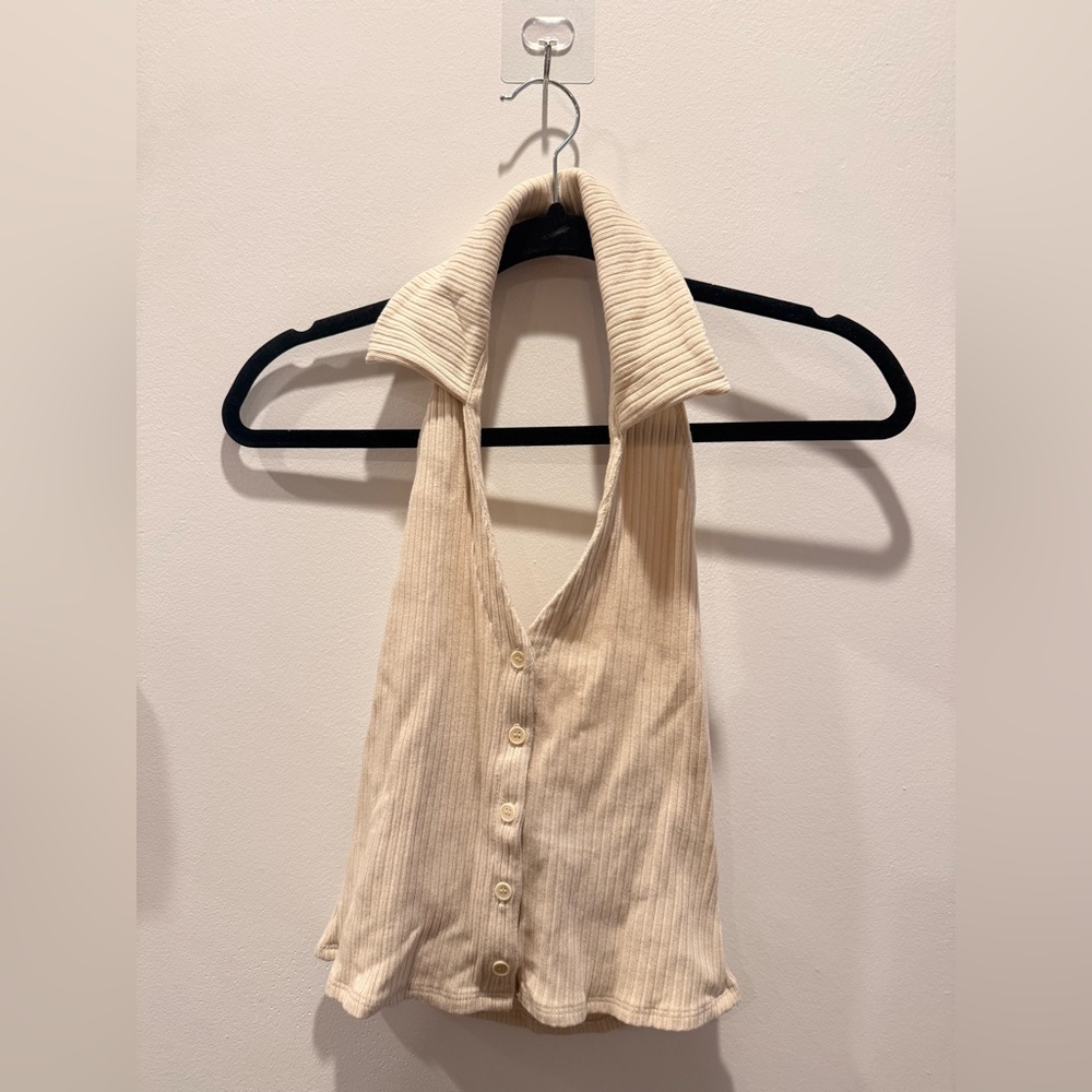 Reformation Beige Ribbed Halter Blouse